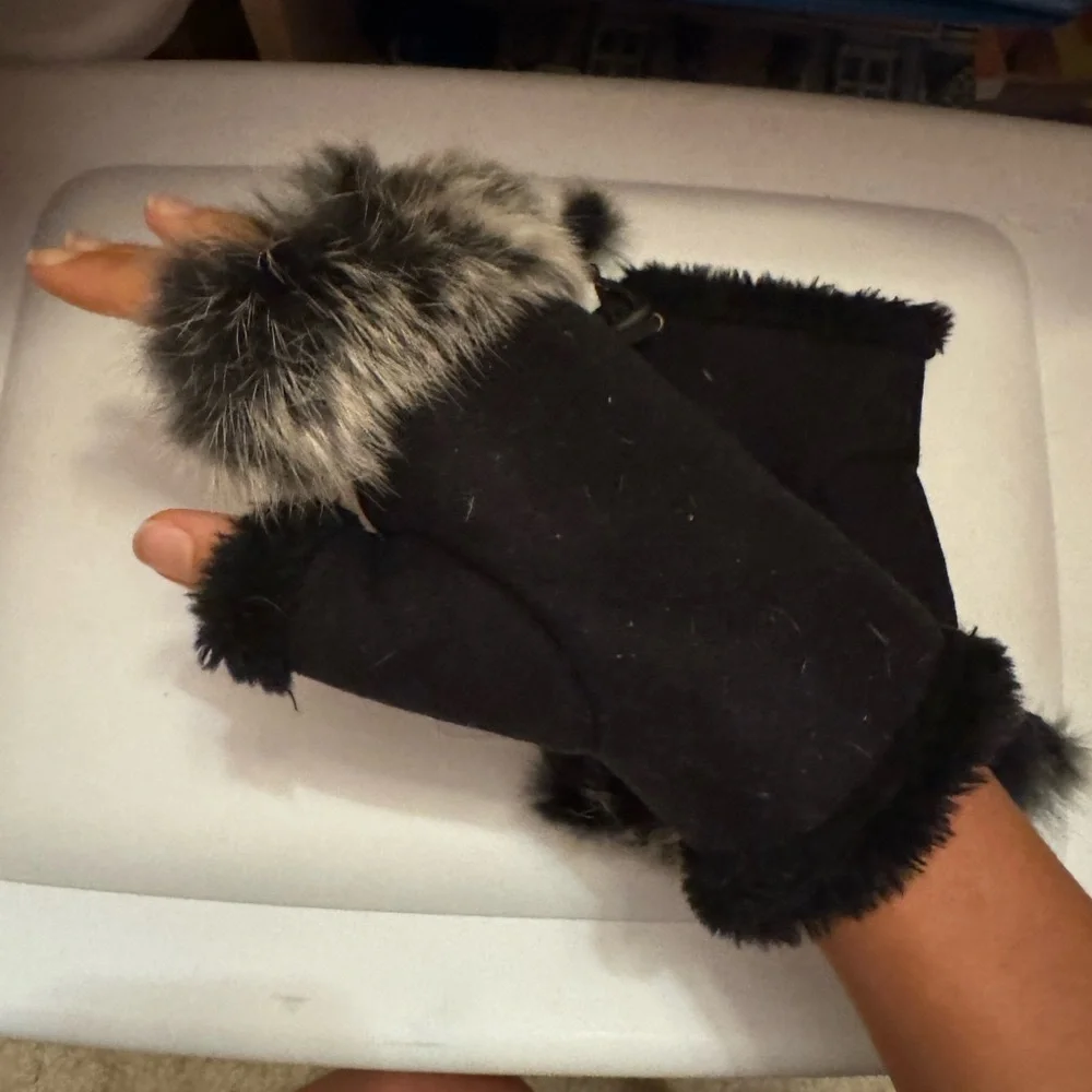 Vintage Shearling Suede Fingerless Gloves Rabbit Fur Trim Black Ivory Mittens
